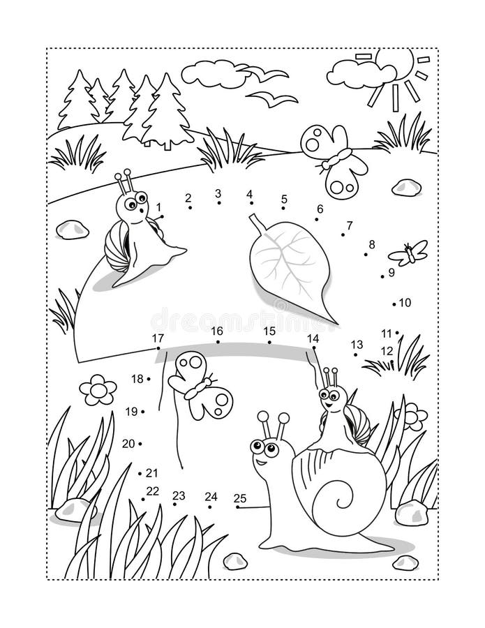 Snails and mushroom join the dots puzzle and coloring page stock vector