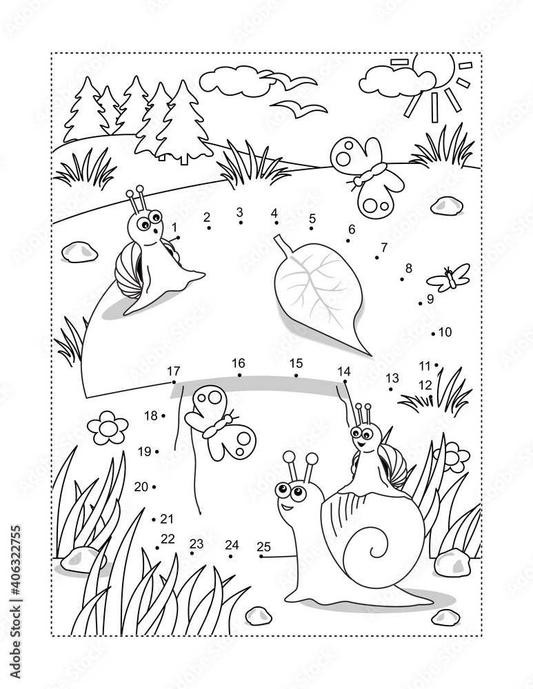 Snails and mushroom full page connect the dots puzzle and coloring page activity sheet for kids answer included vector