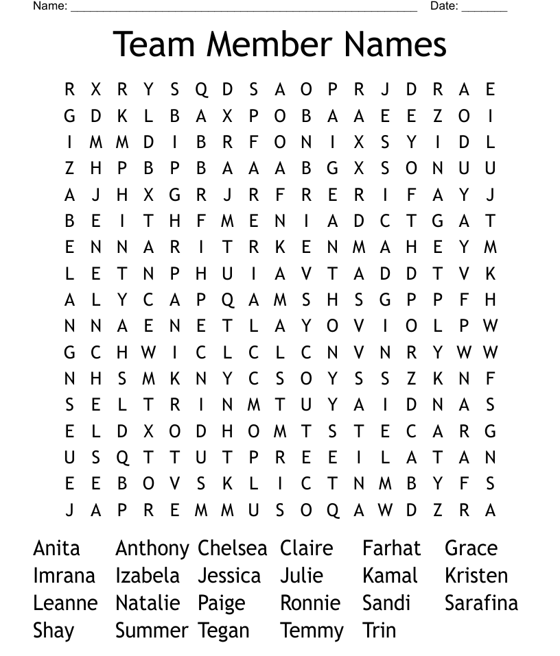 Team member names word search