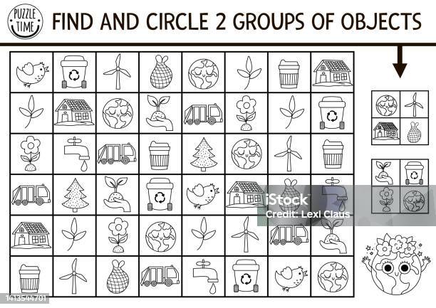 Ecological seek and find game with traditional symbols black and white attention skills training puzzle with