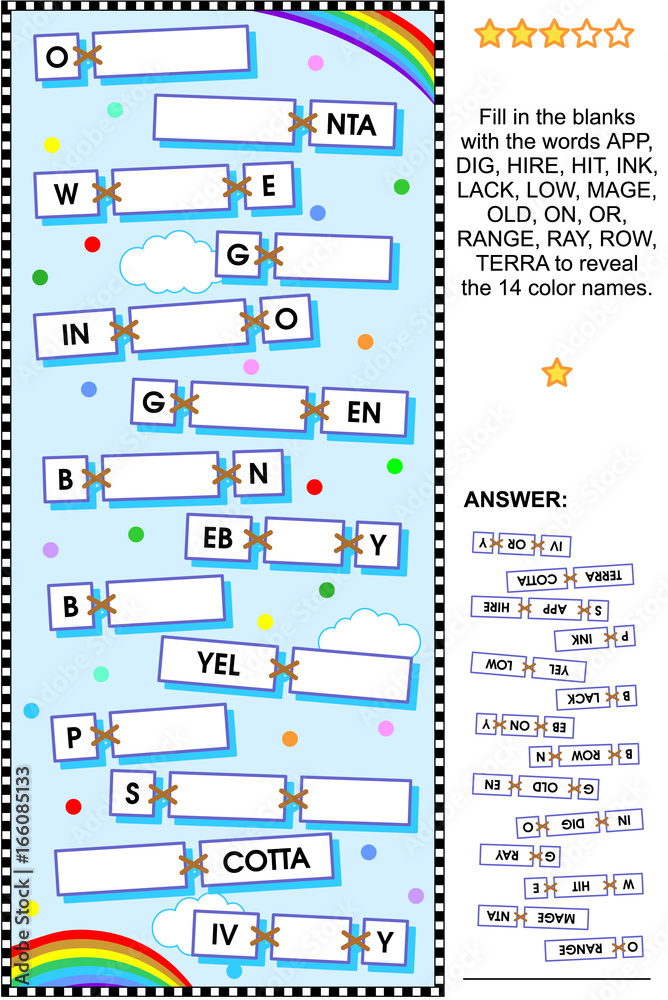 Word puzzle or word game guess the color names answer included vector