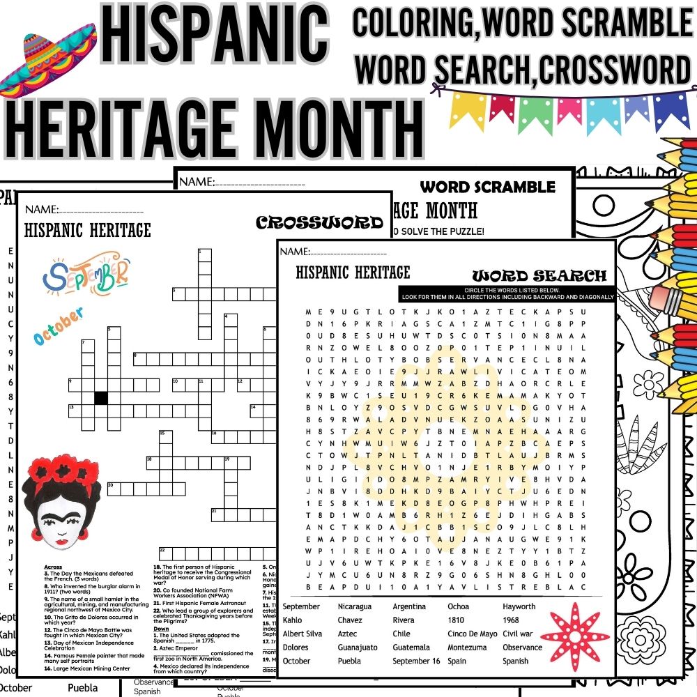 Hispanic heritage month worksheetswordsearchword scramblepuzzle coloring page made by teachers