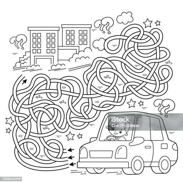 Maze or labyrinth game puzzle tangled road coloring page outline of cartoon car with driver transport or vehicle coloring book for kids stock illustration