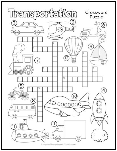 Transportation crossword puzzle for kids print it free