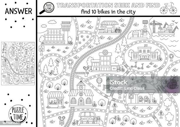 Transportation black and white maze for kids with city landscape cars passengers transport line preschool printable activity coloring page labyrinth game puzzle help bus get to last stop stock illustration