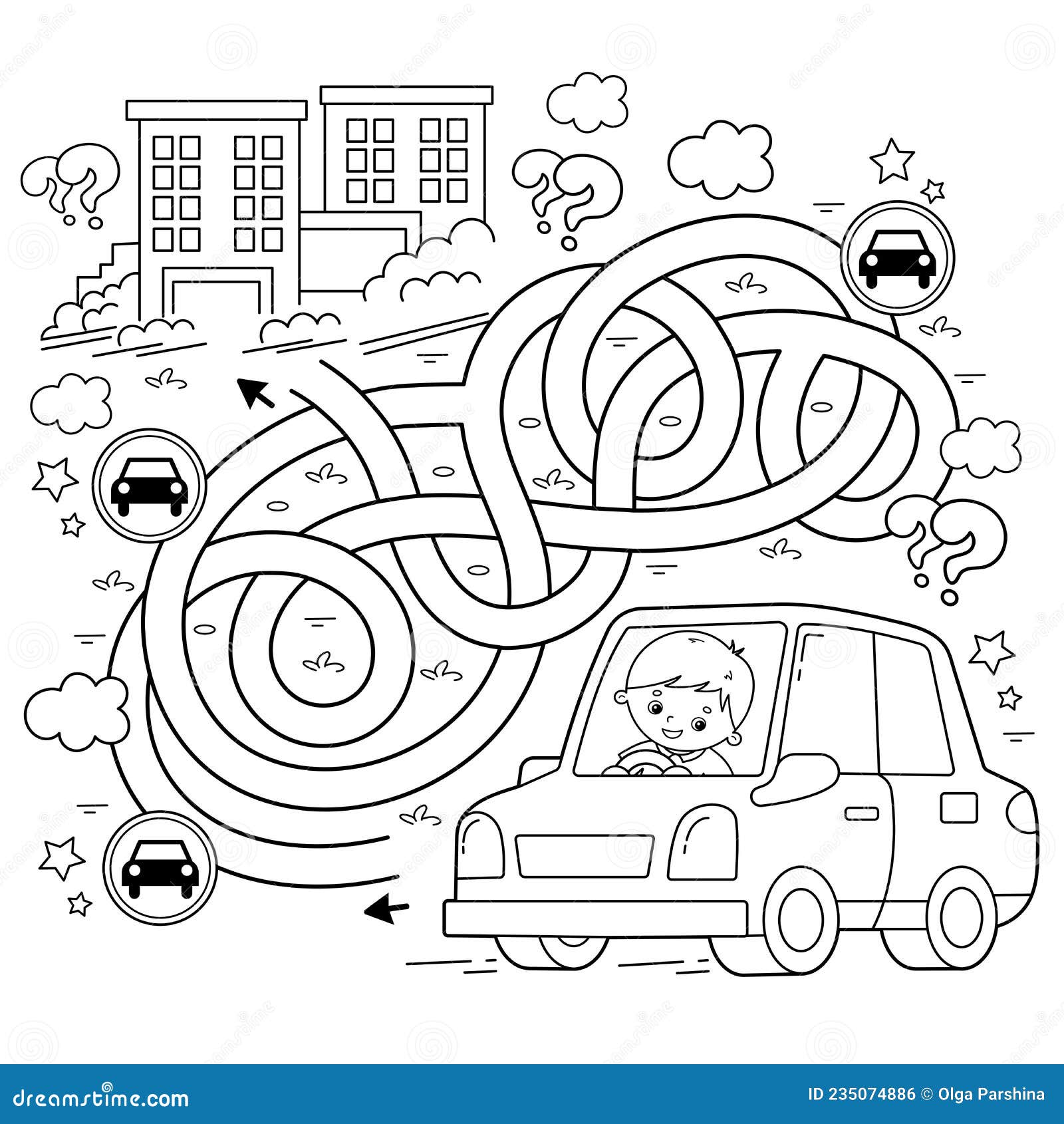 Maze or labyrinth game puzzle tangled road coloring page outline of cartoon car with driver transport or vehicle stock vector