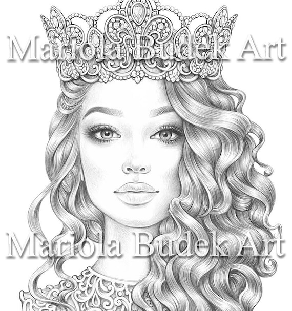 Queen mariola budek premium coloring page printable adult colouring pages book instant download grayscale illustration pdf download now