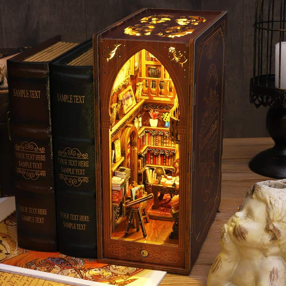 D wooden puzzle bookends diy book nook kit magic book house model building kit insert decor with sensor light tg