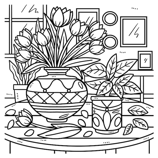 Premium vector spring flowers in a vase coloring page for kids