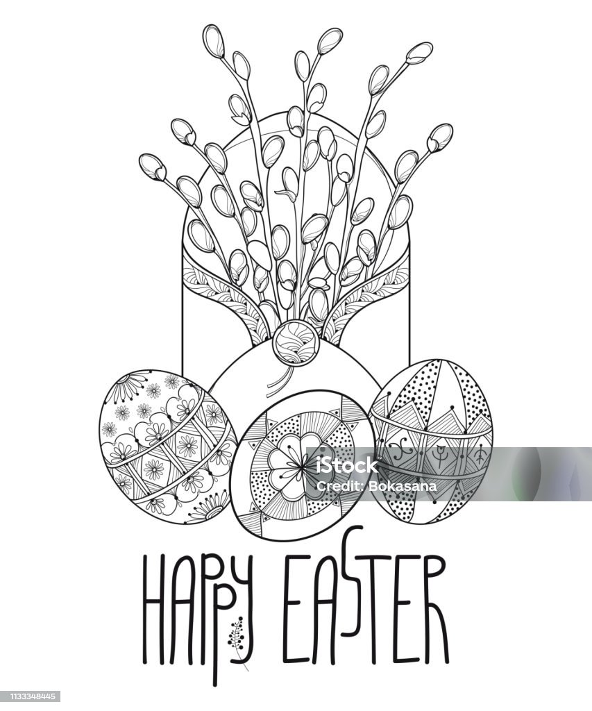 Vector bouquet of outline willow branch and ethnic ukrainian easter egg pysanka in black isolated on white background stock illustration