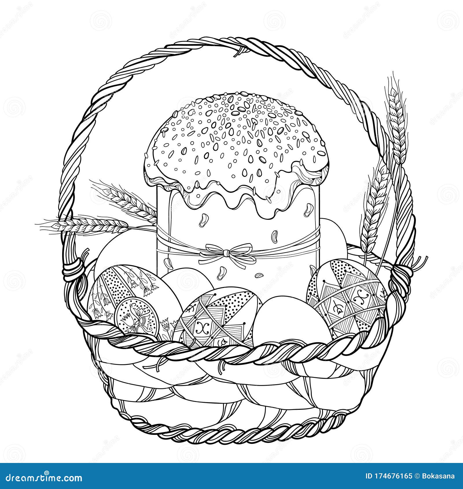 Vector outline basket with easter cake or paska ukrainian easter egg pysanka and wheat plant in black isolated on white stock vector