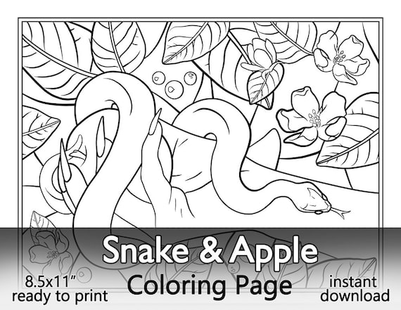 Snake and apple coloring page instant jpg download garden of eden biblical illustration witchy theme long nail hand small ball python