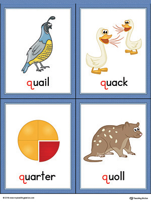 Letter q words and pictures printable cards quail quack quarter quoll color