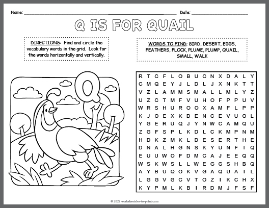 Quail word search coloring page