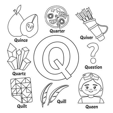 Vector cute kids animal alphabet letter q set of cute cartoon illustrations coloring page