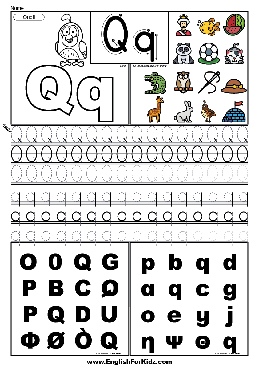 English for kids step by step letter q worksheets flash cards coloring pages