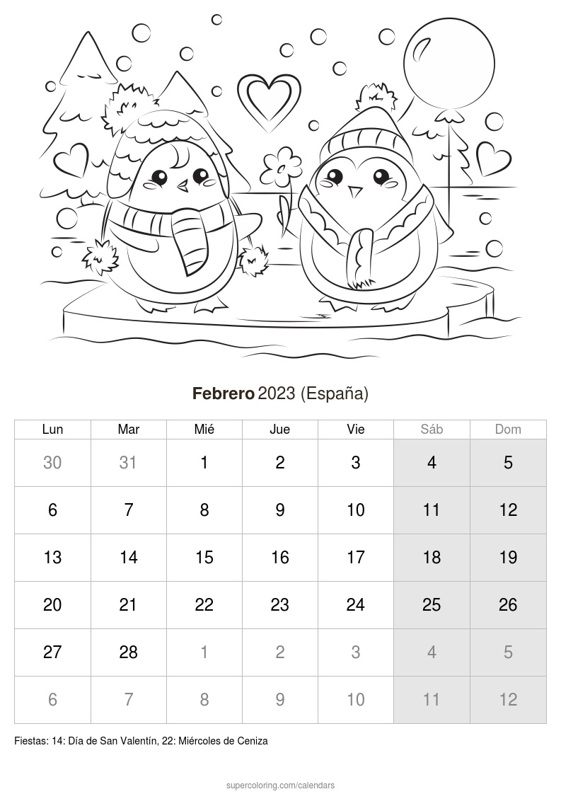 Calendario febrero para imprimir espaãa