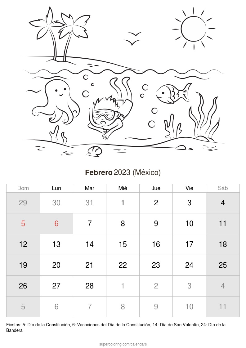 Calendario febrero para imprimir mãxico