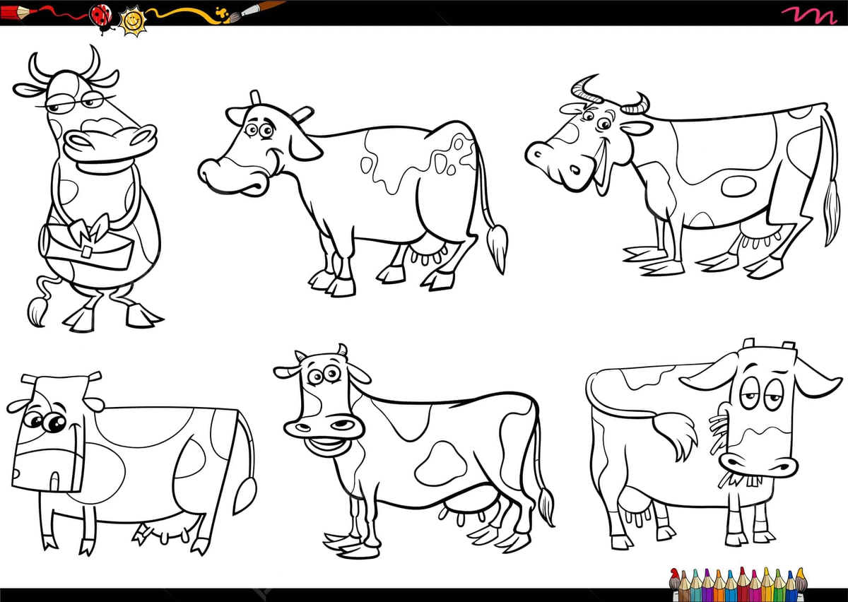 Coloring page set featuring cartoon farm animal characterscows vector graphic cartoon page png and vector with transparent background for free download