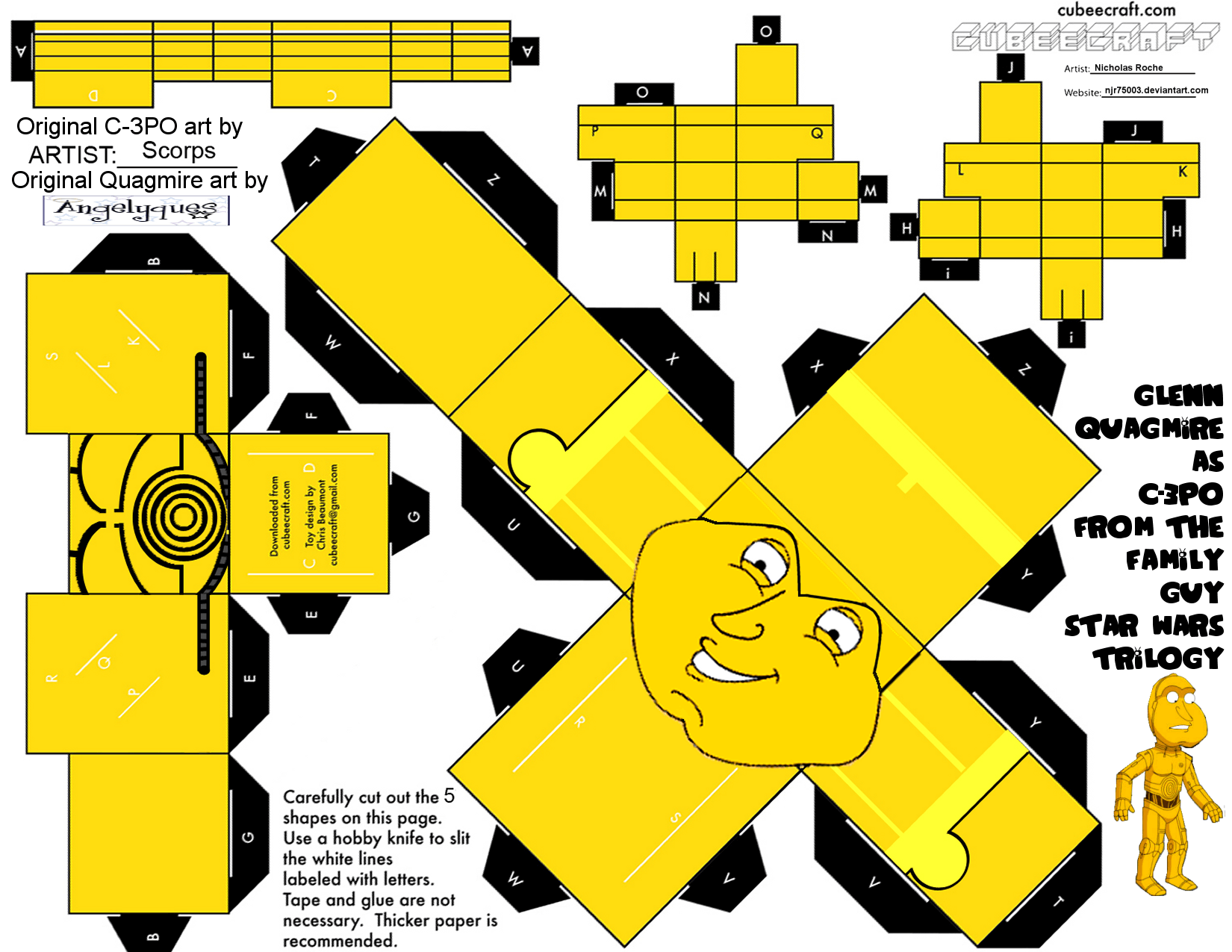 Quagmire as cpo from star wars paper toy free printable papercraft templates