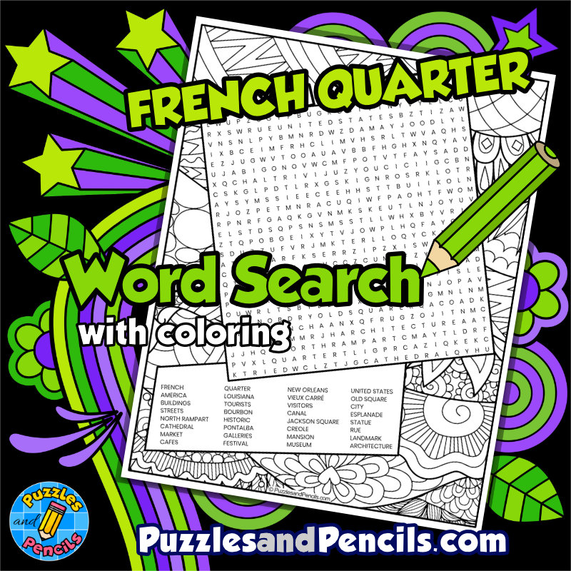 French quarter word search puzzle with coloring us tourist attractions wordsearch made by teachers