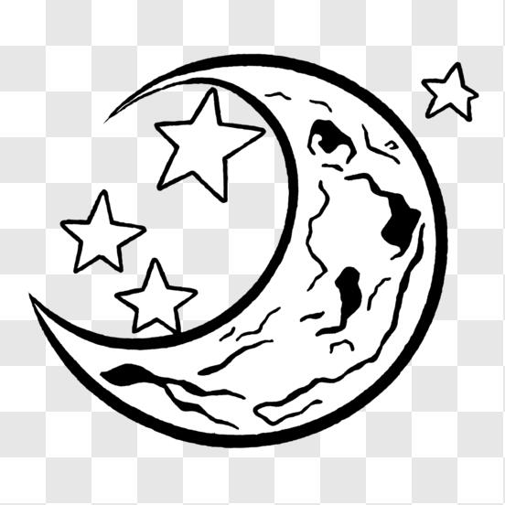 Download black and white crescent moon with stars sticker png online