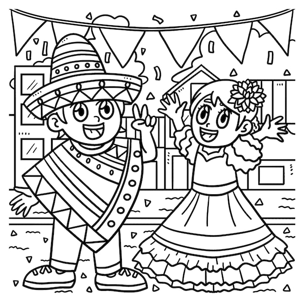 Premium vector children celebrating cinco de mayo coloring page