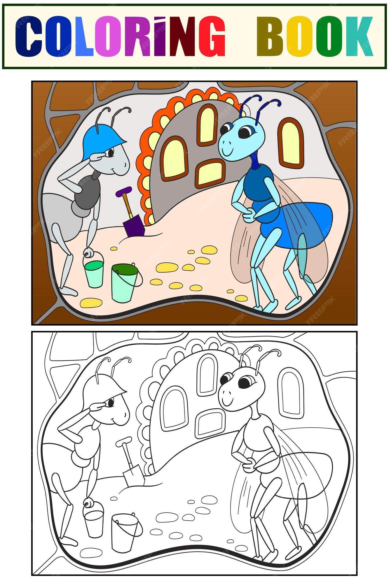 Premium vector ants at home queen children illustration set of coloring book and color picture