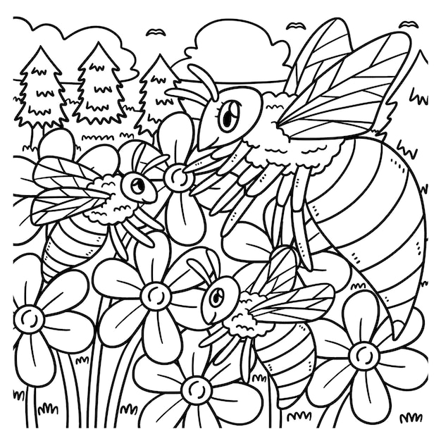 Premium vector queen bee and baby bee coloring page for kids