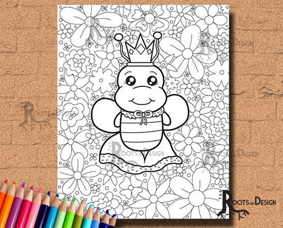 Instant download coloring page queen bee print doodle art printable