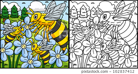 Queen bee and baby bee coloring page illustration