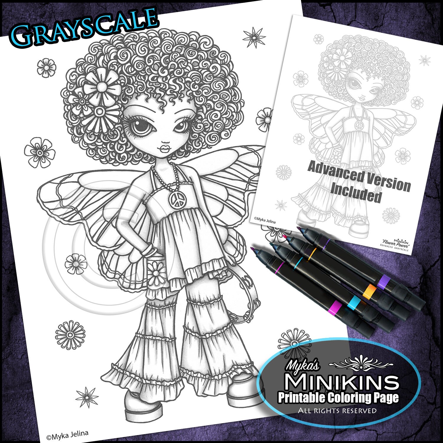 Set mykas minikins grayscale coloring pages instant download big eyed bohemian kids hippie art flower child retro fairy instant download