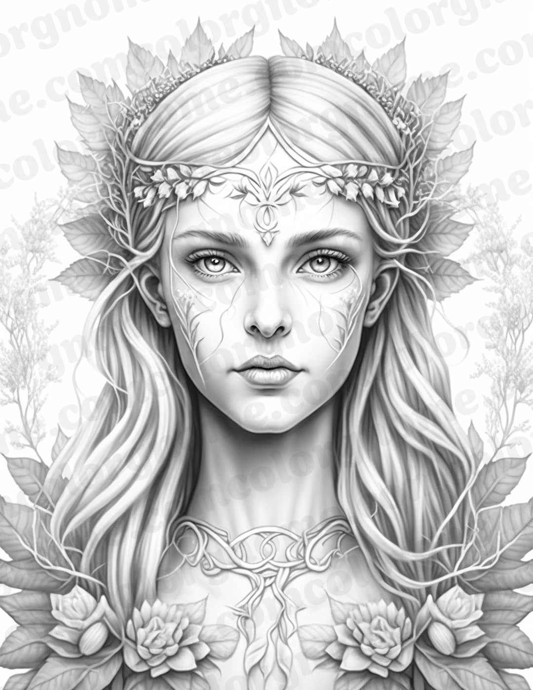 Fairy queen fantasy coloring page printable coloring page for adult coloring book digital download grayscale coloring page