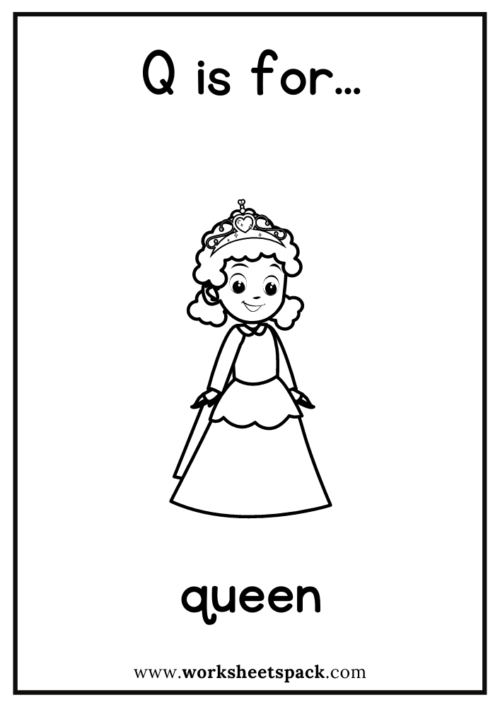 Q is for queen coloring page free queen flashcard for kindergarten