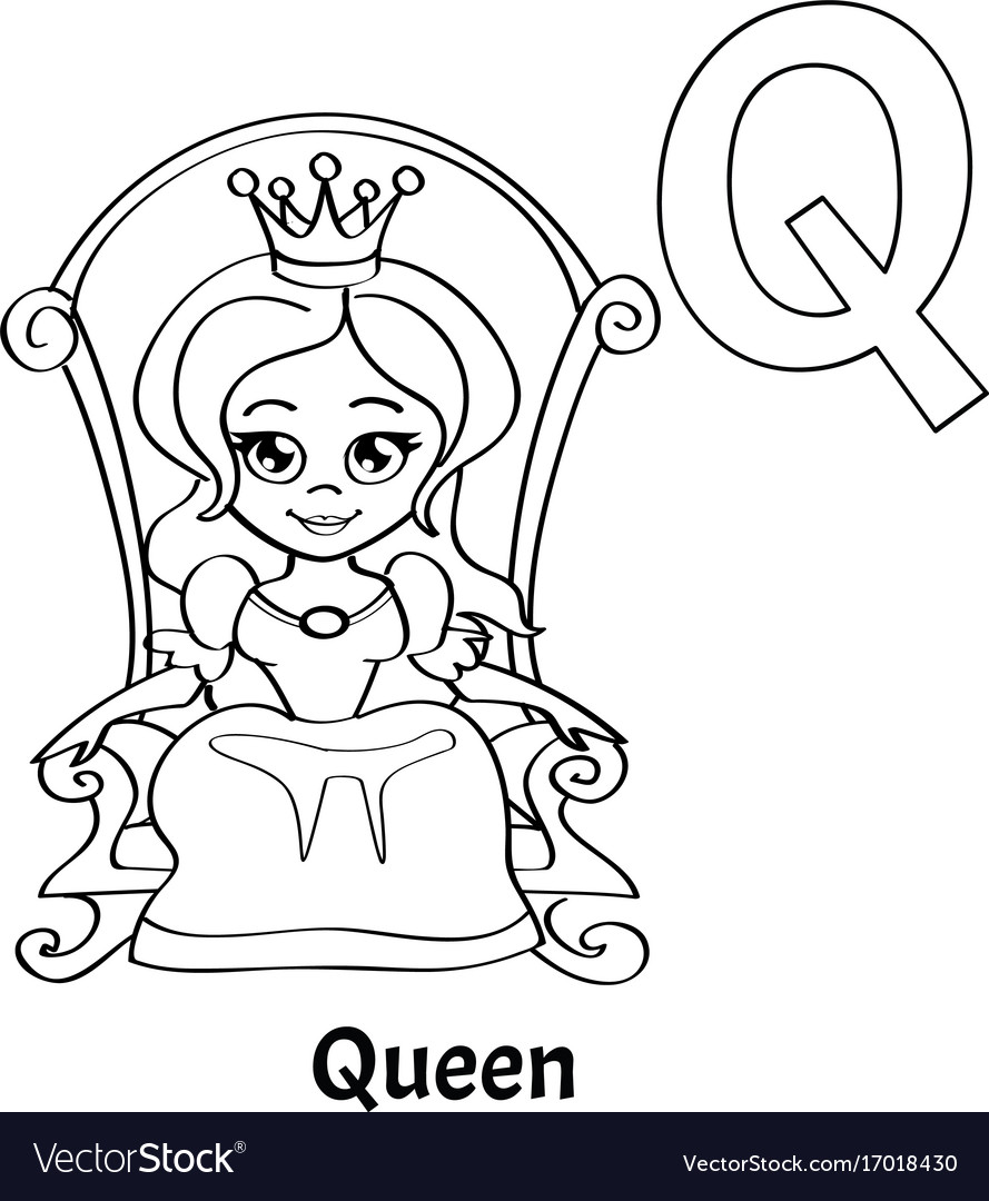 Alphabet letter q coloring page queen royalty free vector