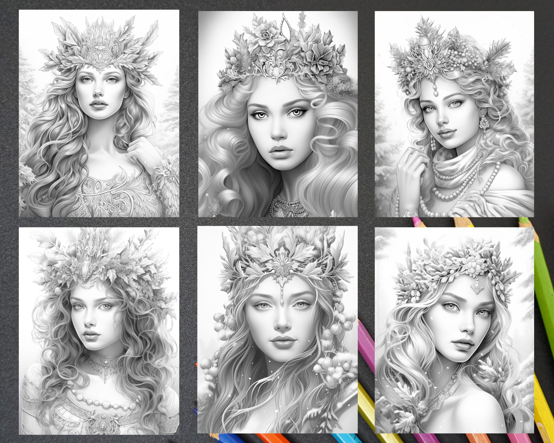 Winter queens portrait grayscale coloring pages printable for adult â coloring