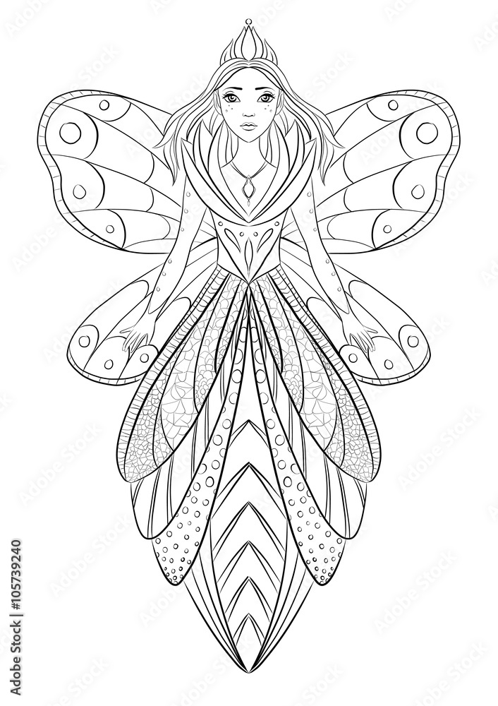 Art therapy coloring page illustration of a flower fairy queen illustration