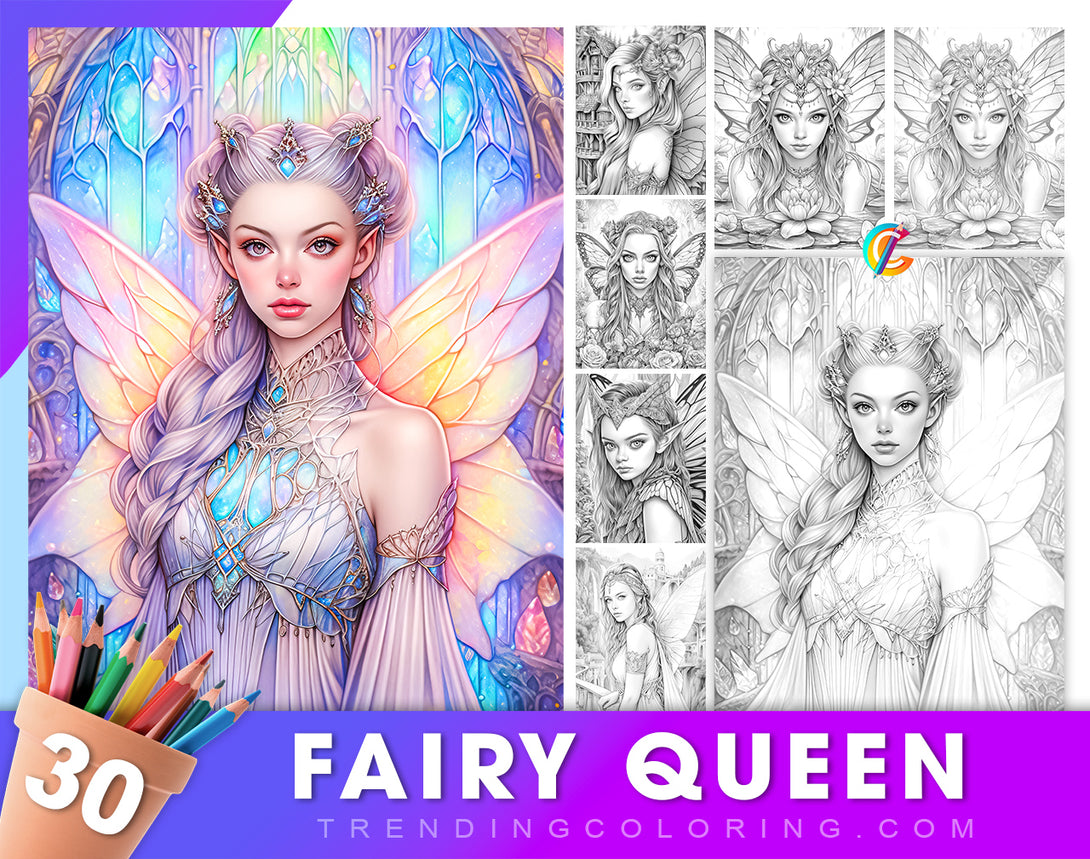 Fairy queen grayscale coloring pages