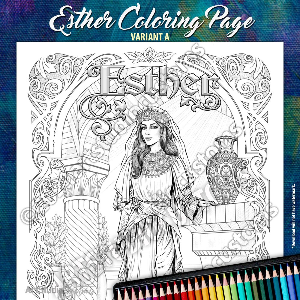 Printable esther coloring page variant a from the old testament black and white line art jpg pdf digital download