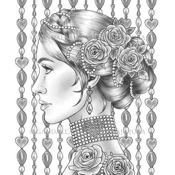 Queen of hearts gandaleah coloring pages printable adult women colouring page book instant download grayscale illustration pdf jpg