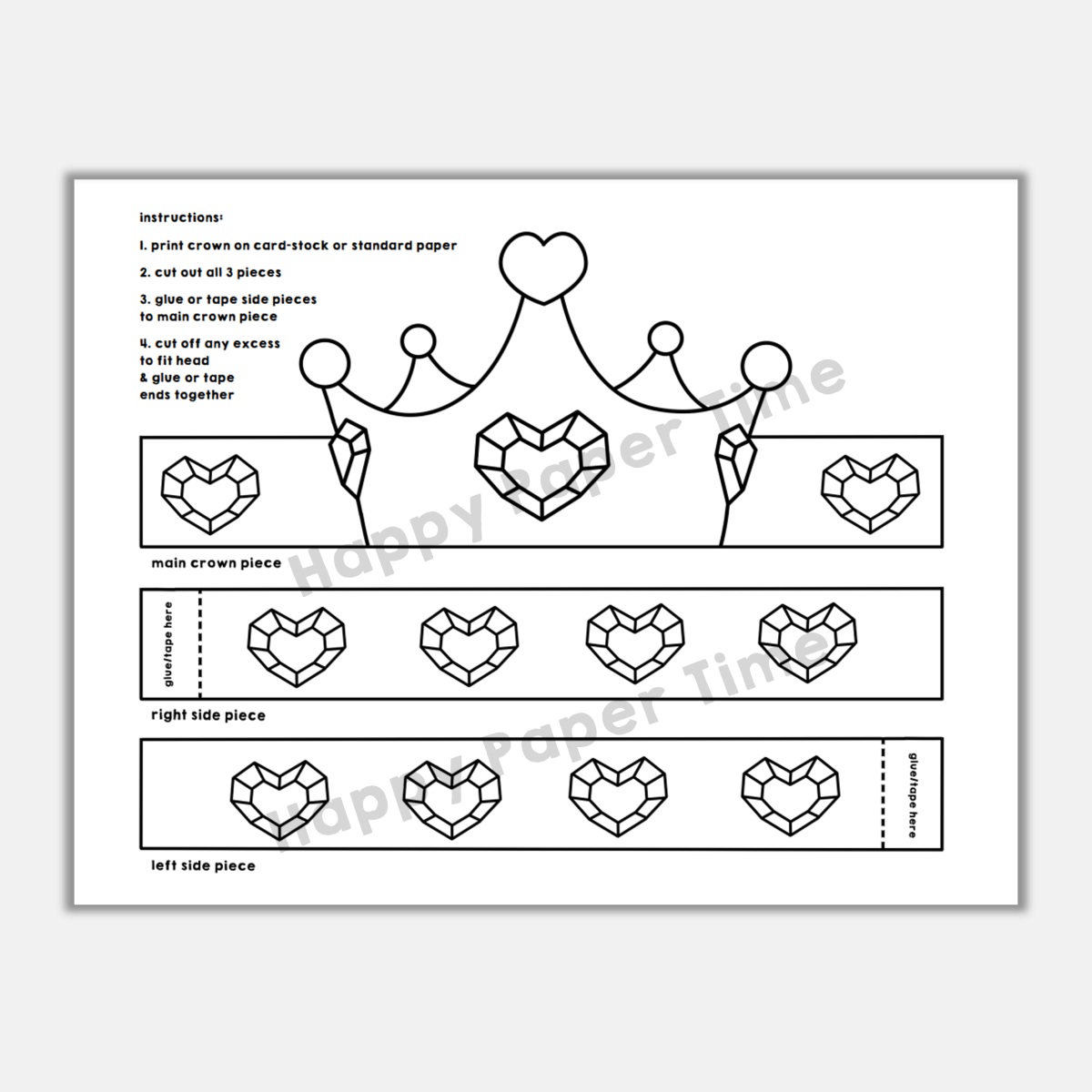 Heart princess paper crown printable coloring valentine craft activity made by teachers