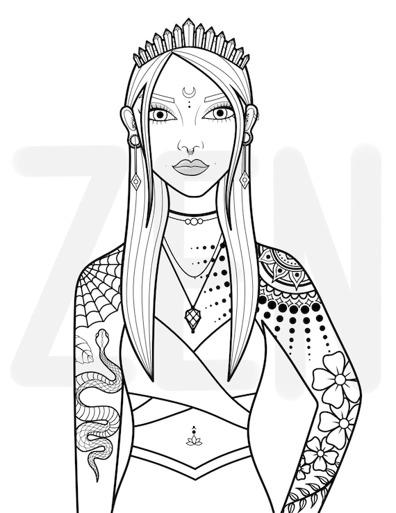 Tattooed girl printable coloring page coloring page for adults crystal babe coloring sheet crystal queen goddess coloring page