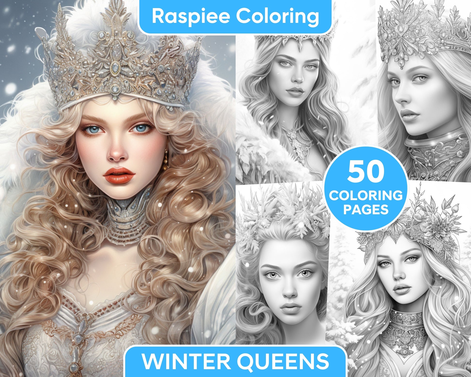 Winter queens portrait grayscale coloring pages printable for adult â coloring