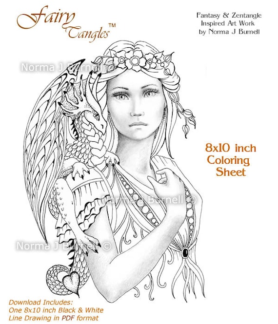 Fairy dragon queen fairy tangles grayscale coloring sheets printable coloring pages fairies and dragons to color adult coloring books instant download