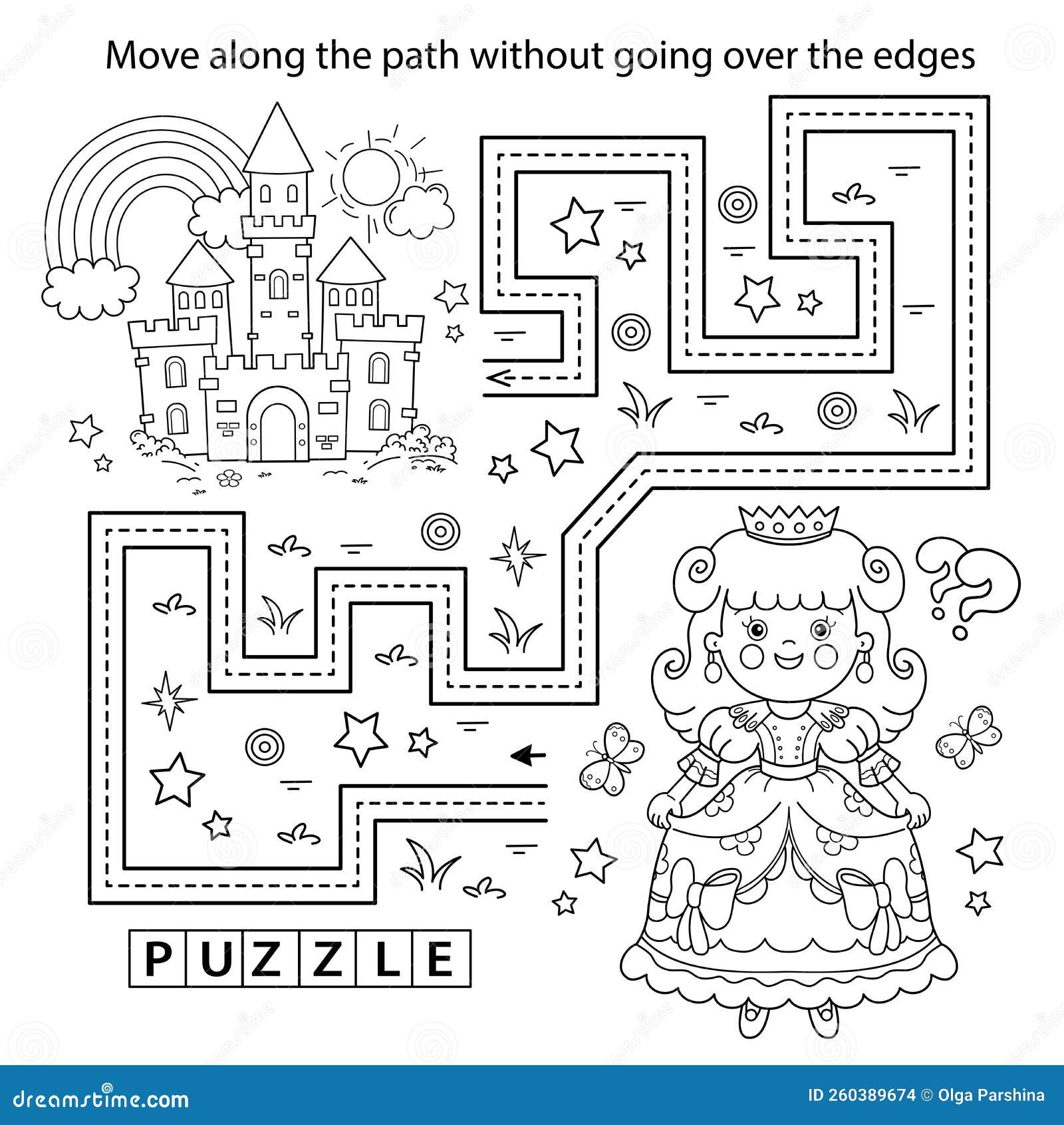 Handwriting practice sheet simple educational game or maze coloring page outline of cartoon lovely princess stock vector