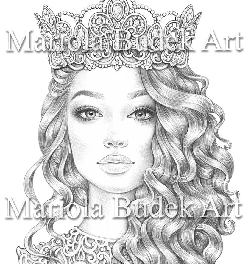 Queen mariola budek premium coloring page printable adult colouring pages book instant download grayscale illustration pdf