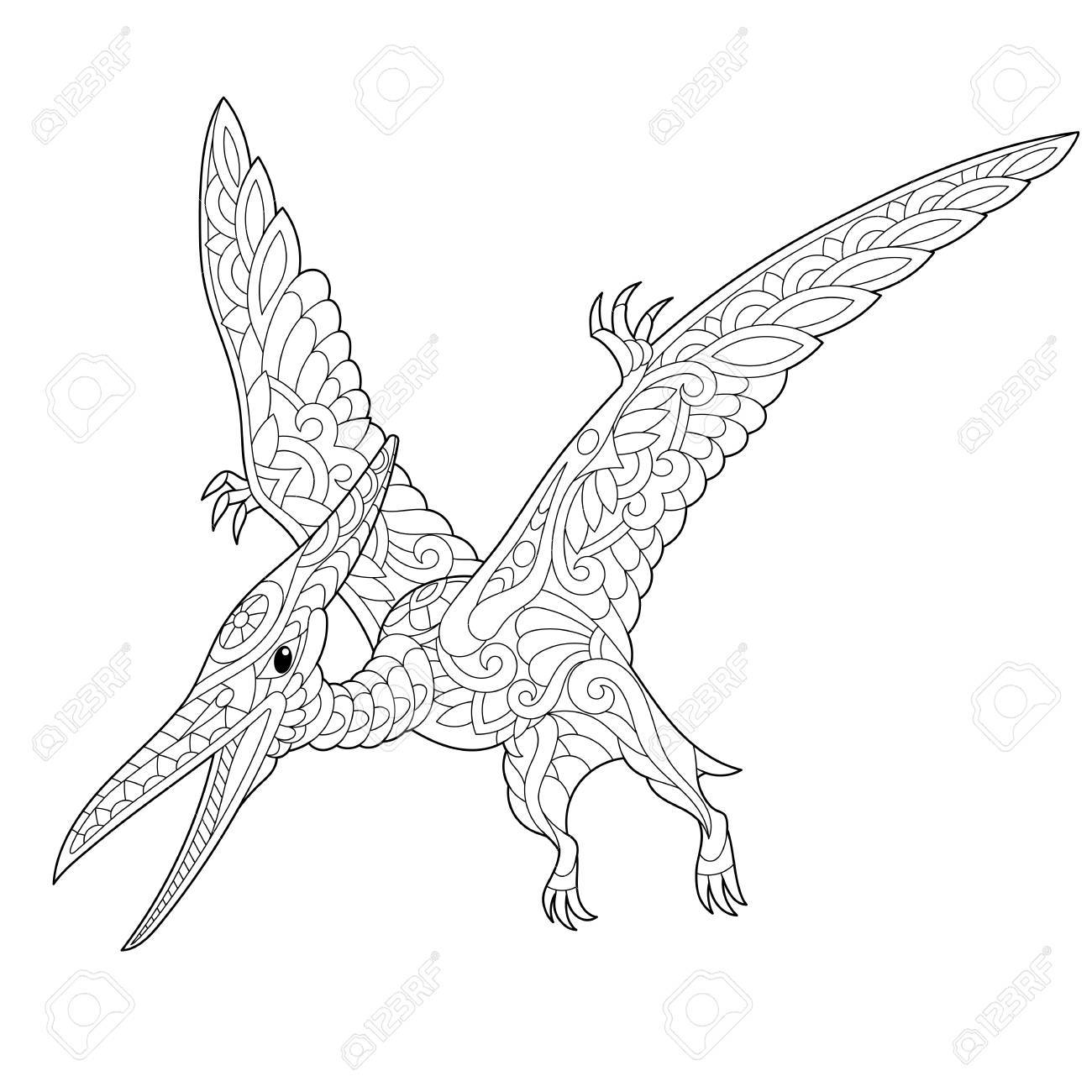 Stylized pterodactyl dinosaur pterosaur of the late jurassic period isolated on white background freehand sketch for adult anti stress coloring book page with doodle and zentangle elements royalty free svg cliparts vectors