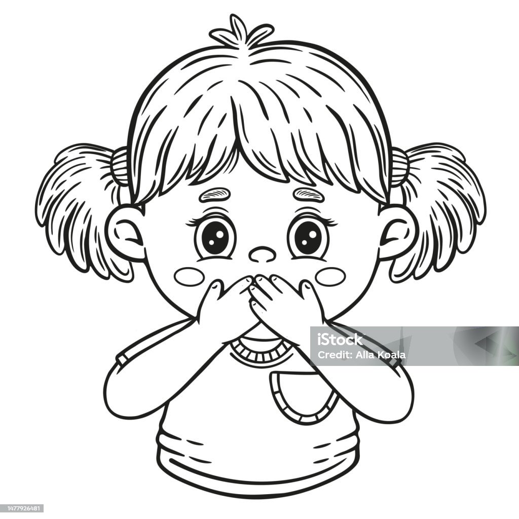 Surprised child girl close mouth with hand stop talk silence gesture line icon fear shock or amazement emotion hiccup nausea keep secret quiet palms on face kid coloring book outline vector stock