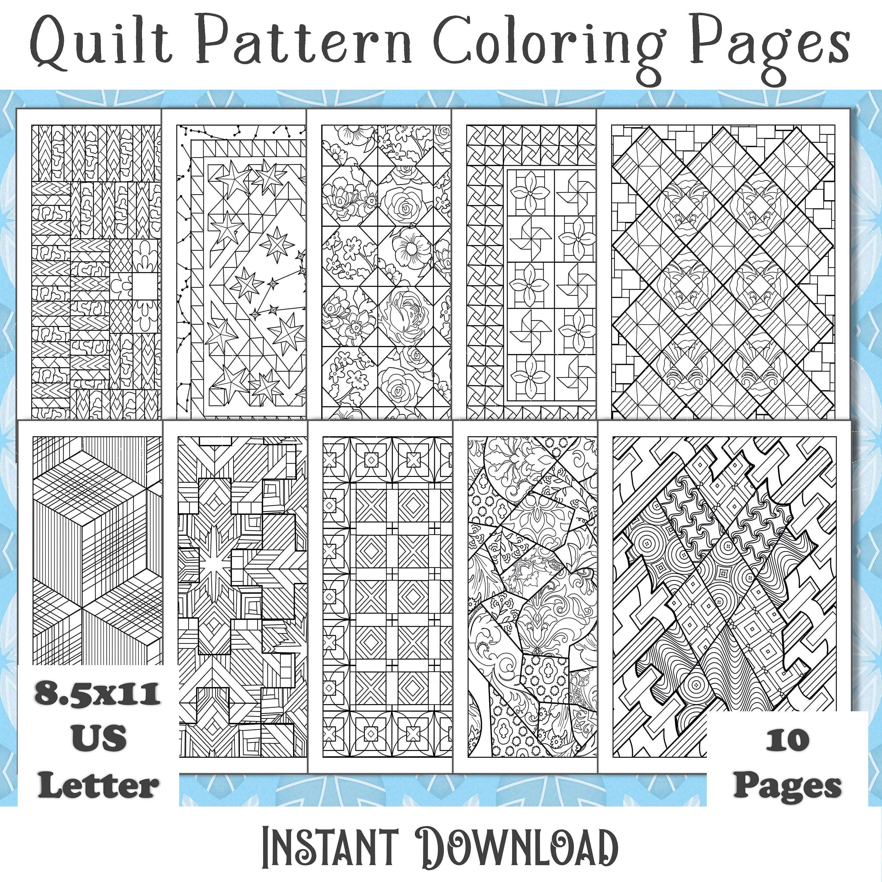 Quilt pattern printable coloring pages adult coloring activity instant digital download pattern pages