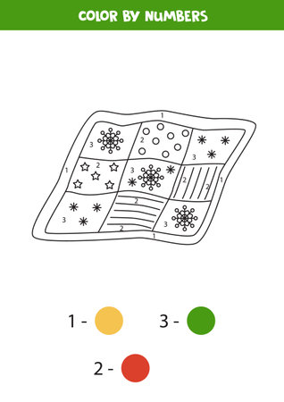 Coloring page with cartoon quilt color by numbers math game for kids